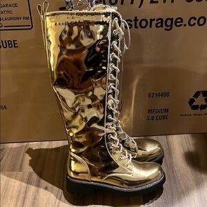 Fashion Nova Gold Lace Up Boots with Chunky Sole
